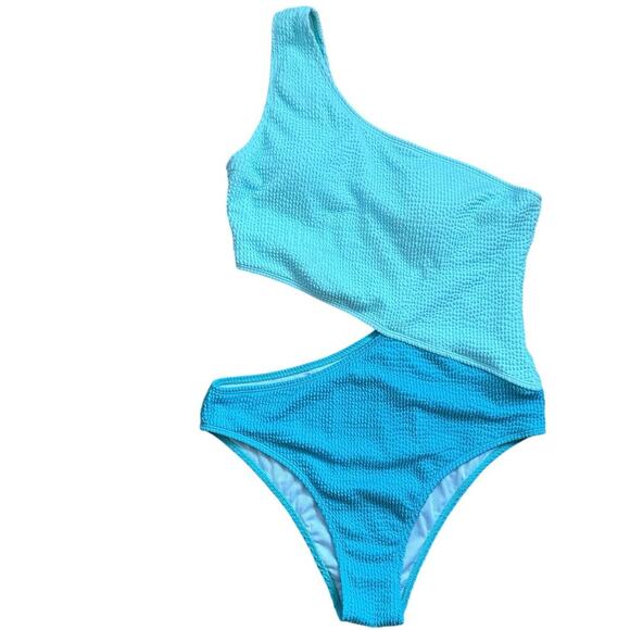 Colorblock Two Toned Blue One Shoulder Cut Out One Piece Swimsuit Size L - Picture 10 of 10